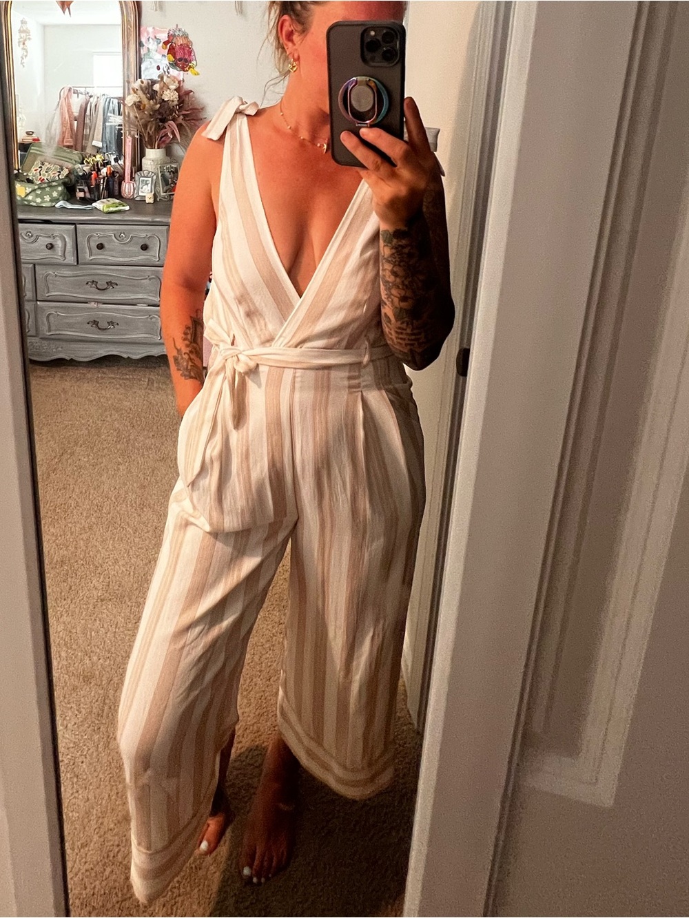 Showpo Striped Cream & Beige Tie-Front Jumpsuit